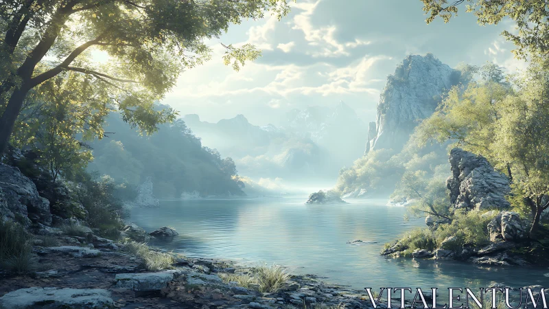 Rendered mountain lake landscape shows detailed rocky shoreline