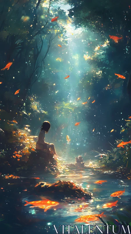Sunlit forest stream where goldfish drift through daydreams.