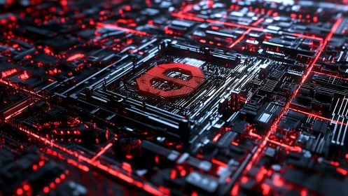Cyber core glows within dense red-black circuit city.