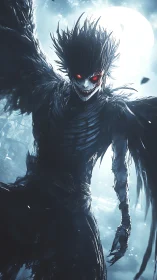 Moonlit demon grins beneath ragged wings and burning eyes.