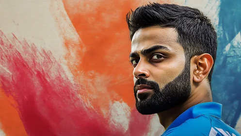 Focused athlete gazes back against bold abstract colors