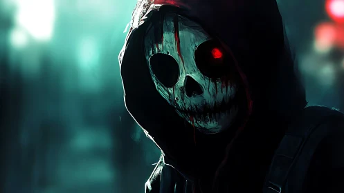 Hooded skeletal figure with glowing red cybernetic eye in mist