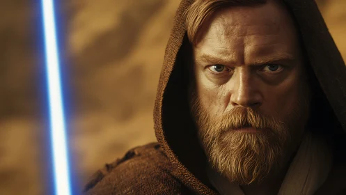 Bearded space wanderer with glowing blue energy blade.