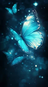 Blue butterflies glide through dark teal bokeh space