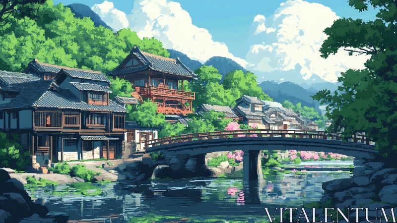 Pixel art riverside village with arched bridge composition.