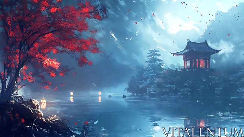 Mountain lake shrine glows beneath crimson autumn tree.