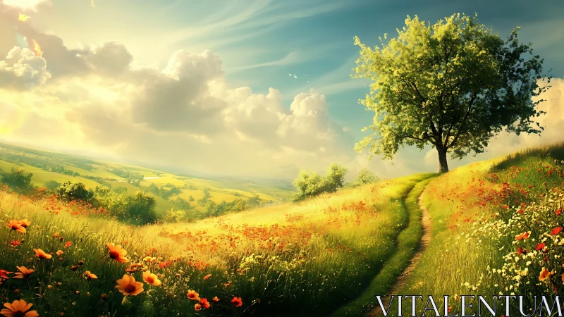 Sunlit country path winding through flowering hillside meadow.