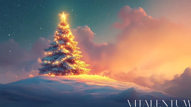 Lone Christmas tree glows warmly against a snowy twilight sky