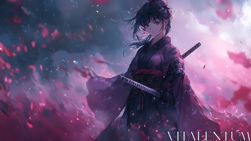 Samurai woman amid crimson petals, stormlit anime dusk.
