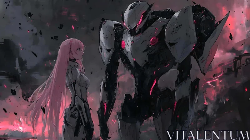 Pink haired pilot faces towering mech amid crimson storm