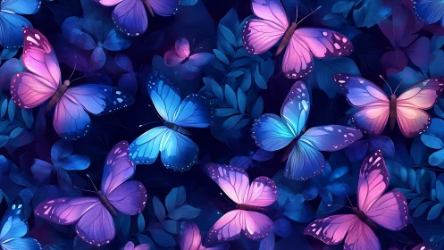 Vibrant neon butterflies over lush midnight foliage pattern.