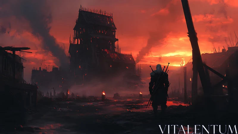 Armored swordsman surveying burning medieval fortress at dusk