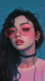 Dreamy girl in pink glasses glowing under starlit sky.