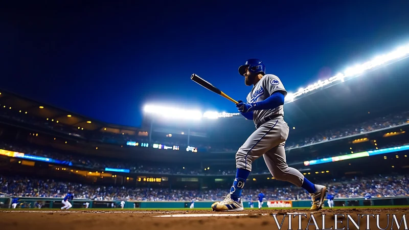 Baseball batter holds poised swing under bright stadium lights