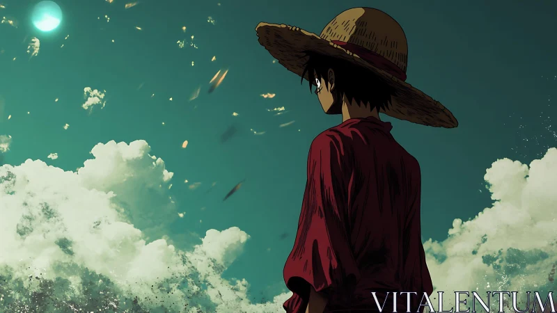 Straw hat figure in red shirt observing sky and clouds.