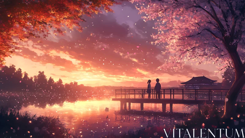 Two figures stand on lakeside bridge under vivid sunset sky
