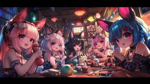 Neon fox-eared night owls trading secrets over soft drinks.