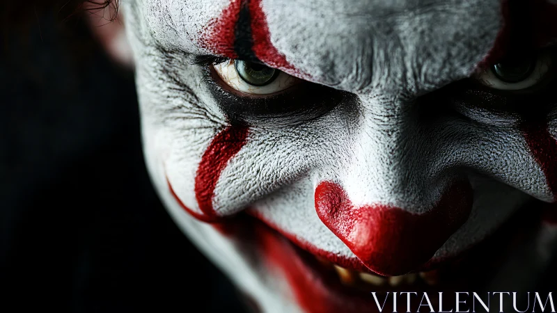 Sinister clown face glares forward in stark, chilling closeup
