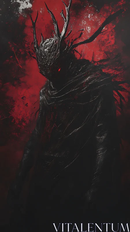 Shadowed horned wraith emerges from crimson chaos