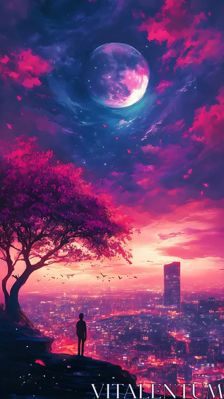 Silhouette overlooks illuminated city beneath enlarged moon