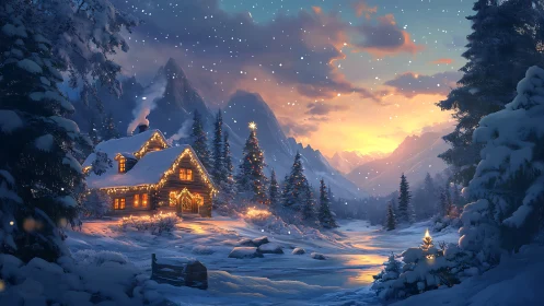 Snowy cabin glows warmly beneath a tranquil winter sunset