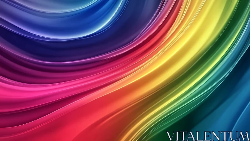 Iridescent chromatic waveforms curve across a glossy field