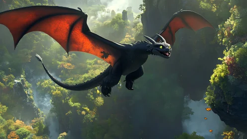 Fantasy dragon glide across luminous canyon environment.