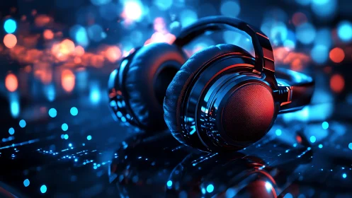 Glowing studio headphones on neon-lit reflective surface.