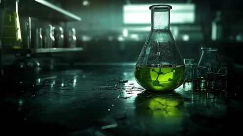 Green chemical solution in Erlenmeyer flask on lab bench.