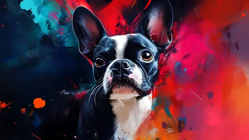 High-contrast Boston terrier portrait with dynamic neon brushwork