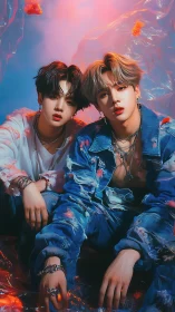 Dual portrait in neon gradient lighting with ripped denim styling.