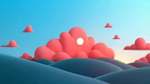 Minimal 3D landscape with stylized pink clouds and sun.