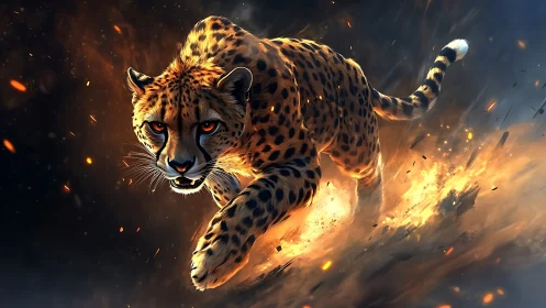 Digital cougar rendering with volumetric fire effects and dynamic particle systems
