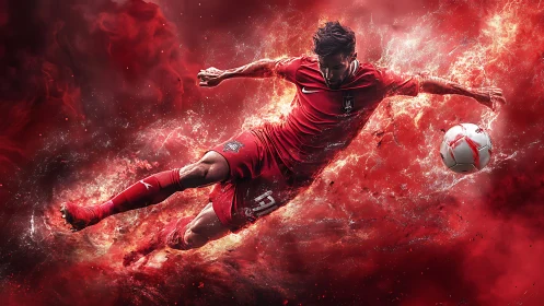Fiery soccer striker diving volley amid explosive red storm.