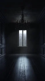 Silent chandelier brooding above a lone mistlit windowed hall.