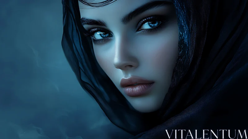 Midnight gaze wrapped in deep sapphire whispers.