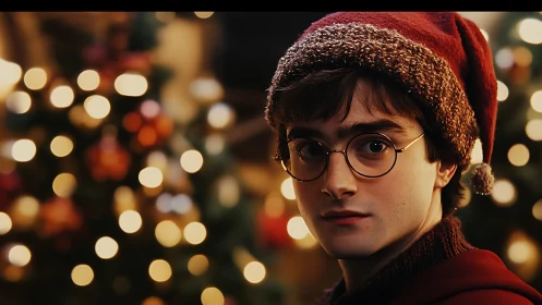 Young man in festive hat against defocused holiday bokeh field