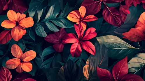 Vibrant tropical flowers bloom amid rich emerald foliage in digital art