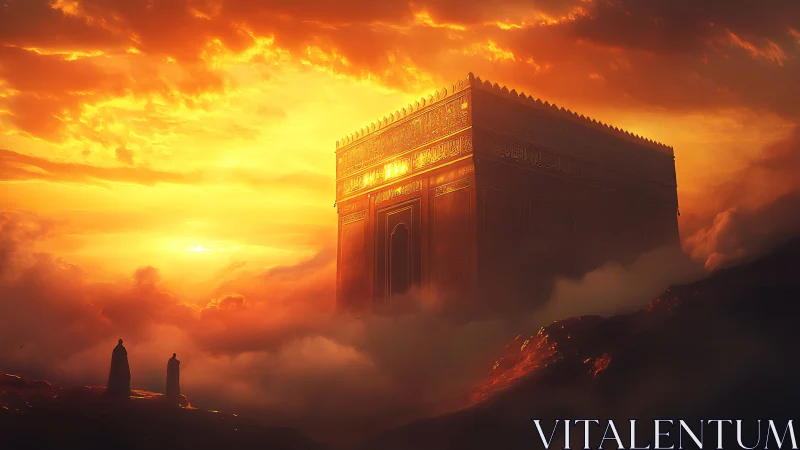 Monolithic cube temple rises above clouds in fiery sunset