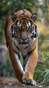 Tiger strides forward with intense gaze through soft foliage