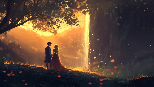 Ethereal lovers stand beneath golden light in mystical forest cavern