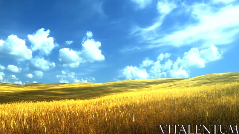 Sunlit wheatfield under cumulus sky with rolling golden ridges