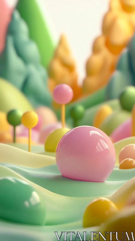 3D pastel landscape with glossy spheres and stylized hills.