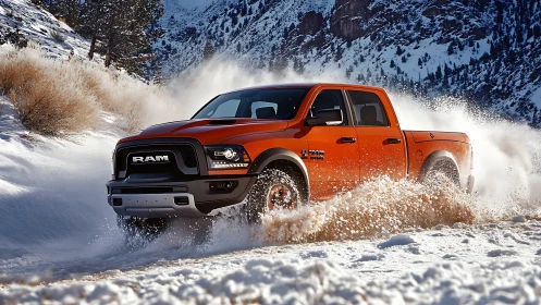 Orange off-road pickup powers through snowy mountain trail