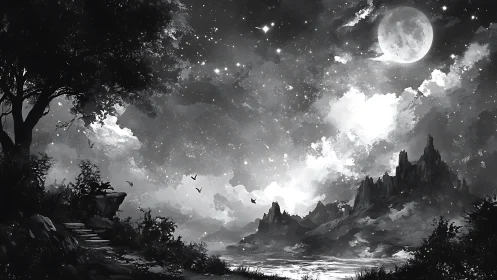 Monochrome night landscape shows moonlit sky over mountains