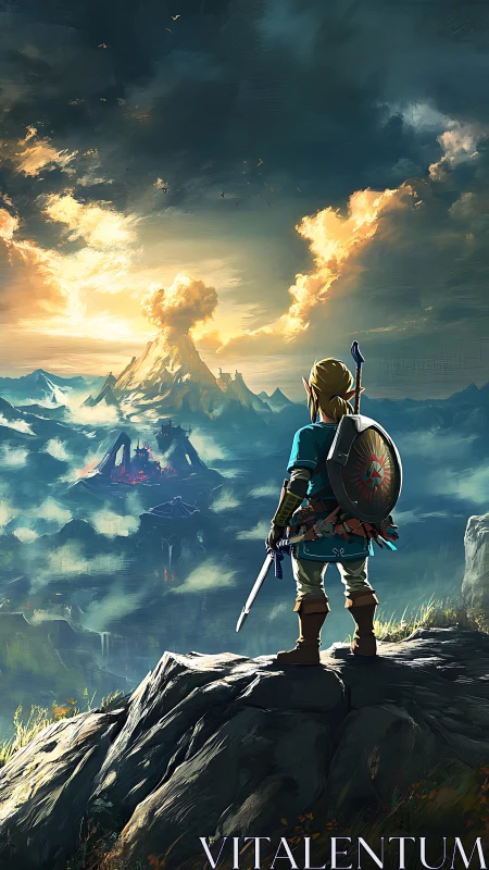 Heroic swordsman overlooking storm-lit volcanic kingdom.