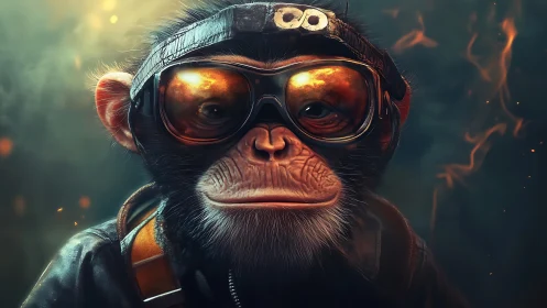 Aviator chimp hero in ember-lit goggles of quiet swagger.