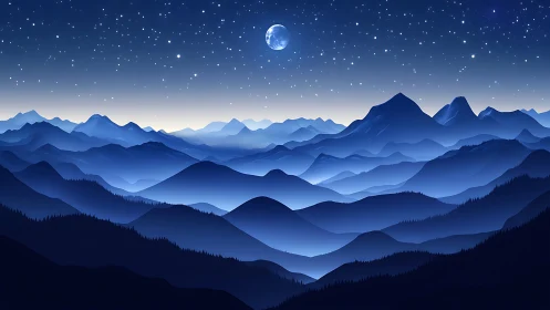 Lunar-lit blue mountain ranges under star-dense nocturnal sky.