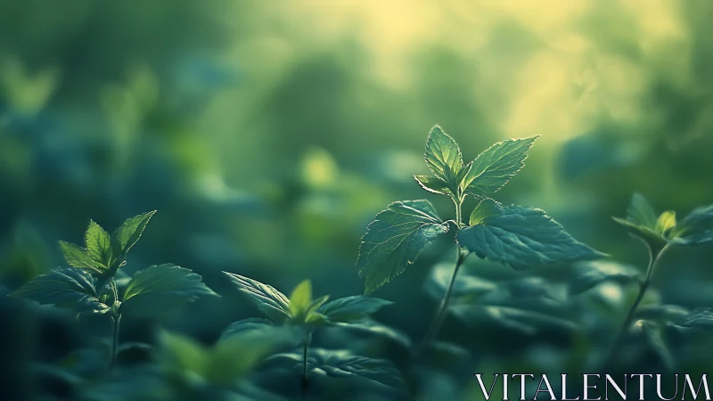 Mint leaves catch soft dawn light in lush green haze.