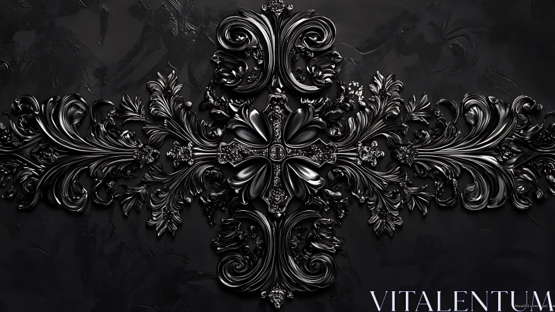 Baroque black ornamental cross with glossy scrollwork.
